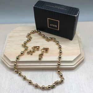 Vintage 90's Avon Golden Ball Bead Metal Necklace with Clip on Earrings Set